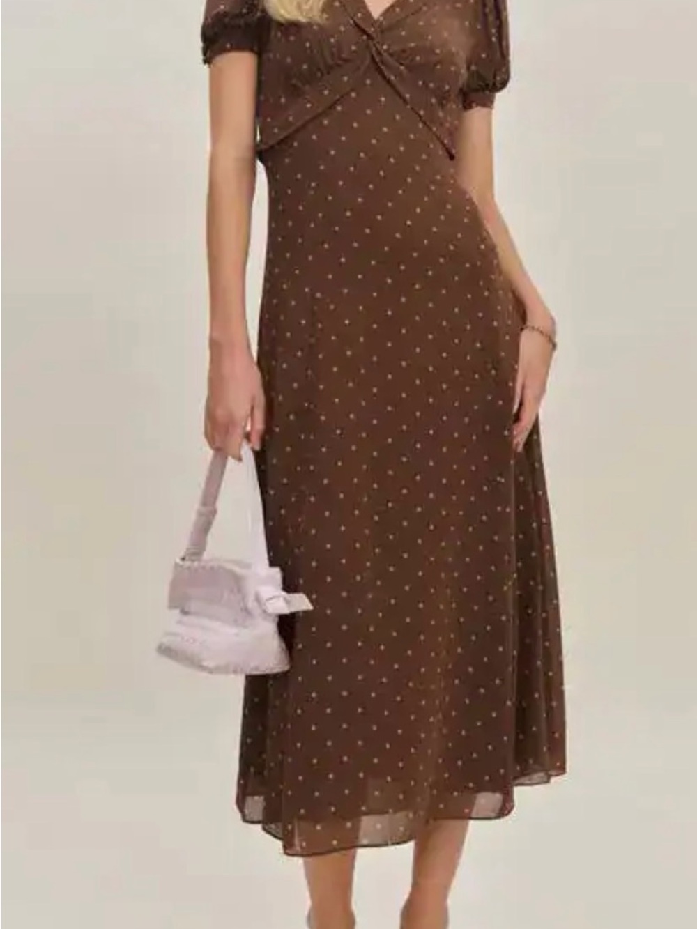 Reformation Brown Polka Dot Midi Dress with Puff Sleeves
